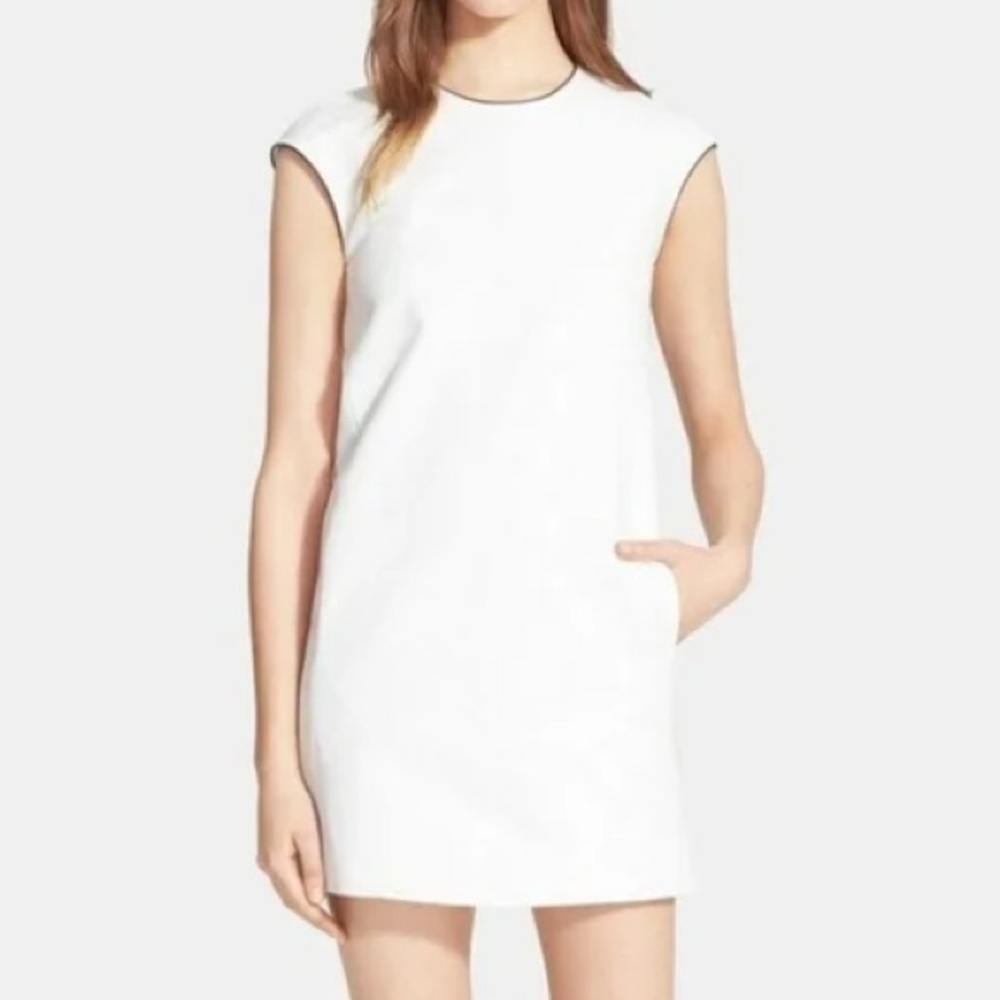 Vince White Sleeveless Shift Dress w/ Black Piping